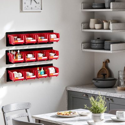 12 bacs de rangement muraux en plastique rouge, 3 rails en métal pour les vis, les écrous, les boulons, les clous dans l'atelier, le garage de la salle de bricolage, la quincaillerie en acier renforcé