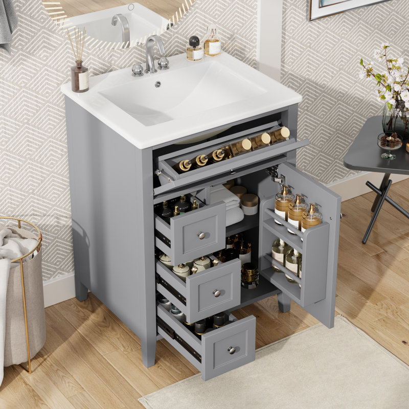 Meuble-lavabo avec lavabo, 3 tiroirs, 1 armoire et tablette réglable, Gris