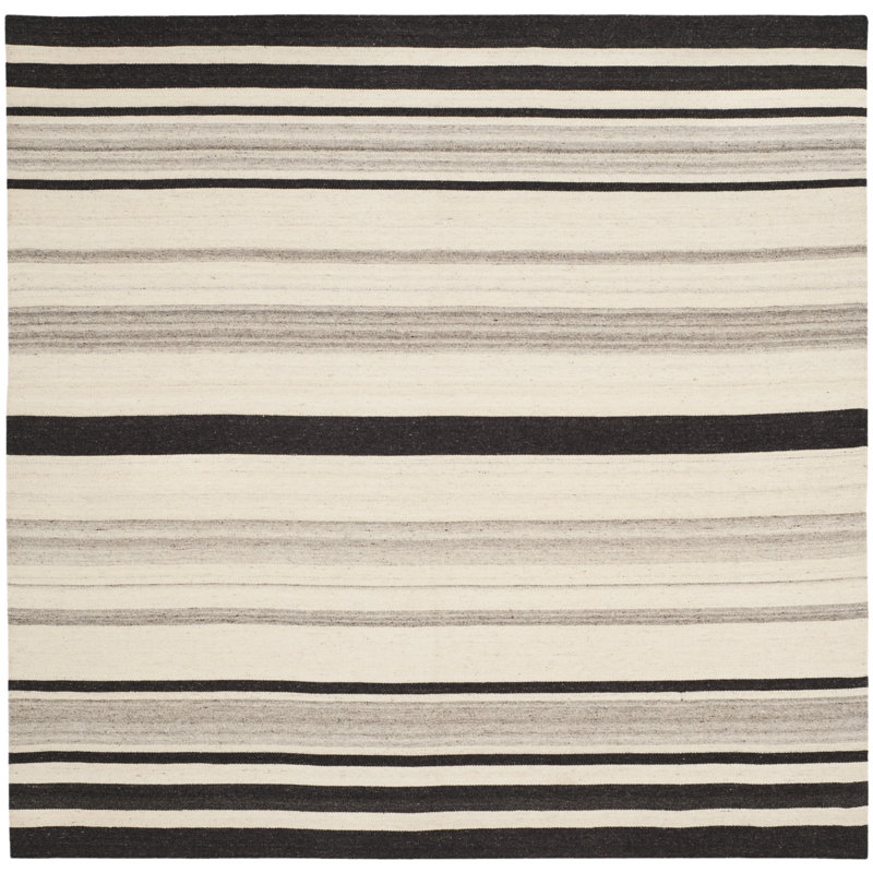 Emek Hand Woven Flat Weave H. S. Wool/Cotton Striped Rug in Black/Tan, Square 6'