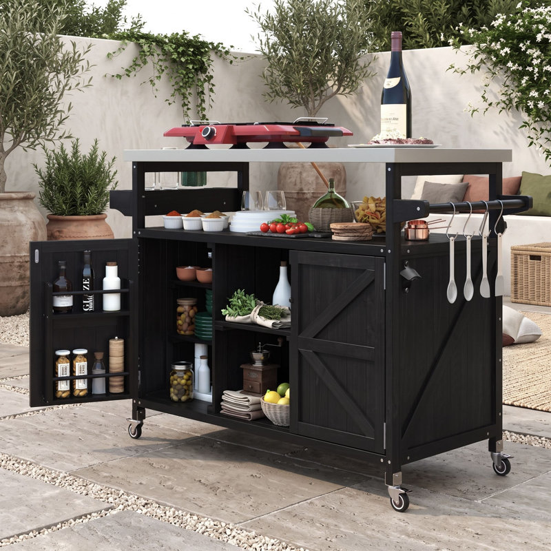 Îlot de cuisine extérieur avec roulettes verrouillables, support, armoire de rangement et tablettes