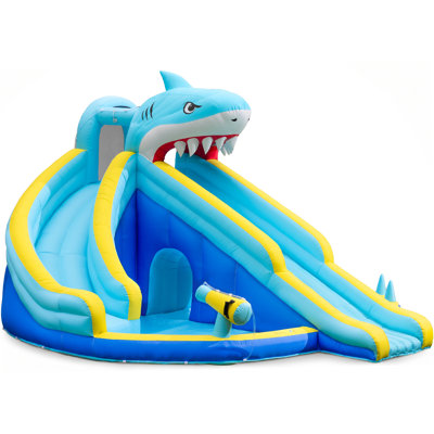 Outfunny Shark Inflatable Water Slide, Bounce House for Kids Ages 3-10, Backyard Water Fun w/ Dual Slides, Capacity 500 lb - Blue