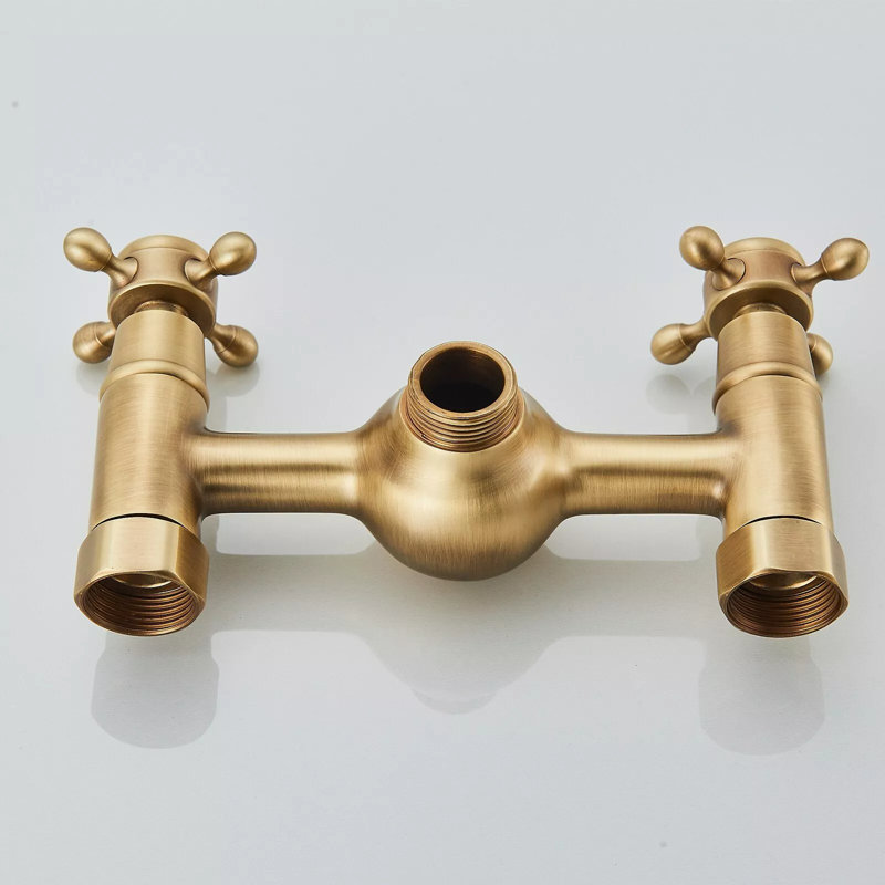 Antique Brass Exposed Bathroom Shower Mixer Twin Head Bar Set Round Valve System