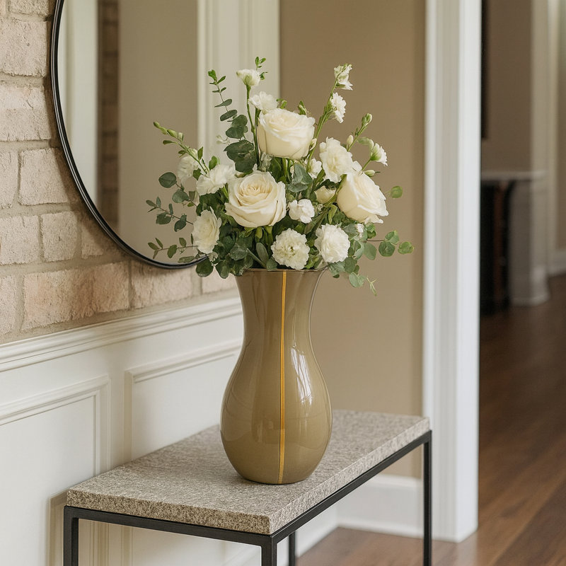 Santara Handmade Glass Table Vase for Flowers with Stripe Design, Ivory