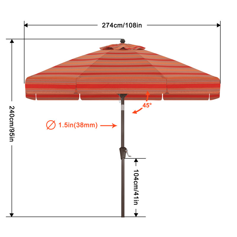 Parasol de marché festonné en oléfine de 2,74 m (9 pi) avec inclinaison et levage à manivelle, Rayures crépuscule