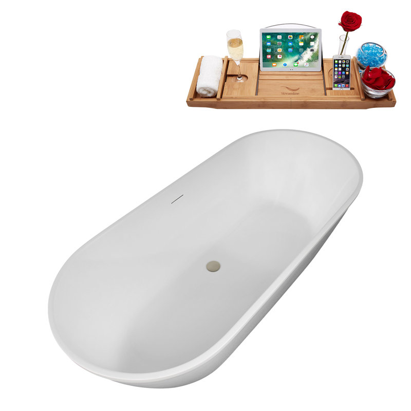 67" Streamline Soaking Freestanding Tub and Tray With Internal Drain, Brushed Nickel
