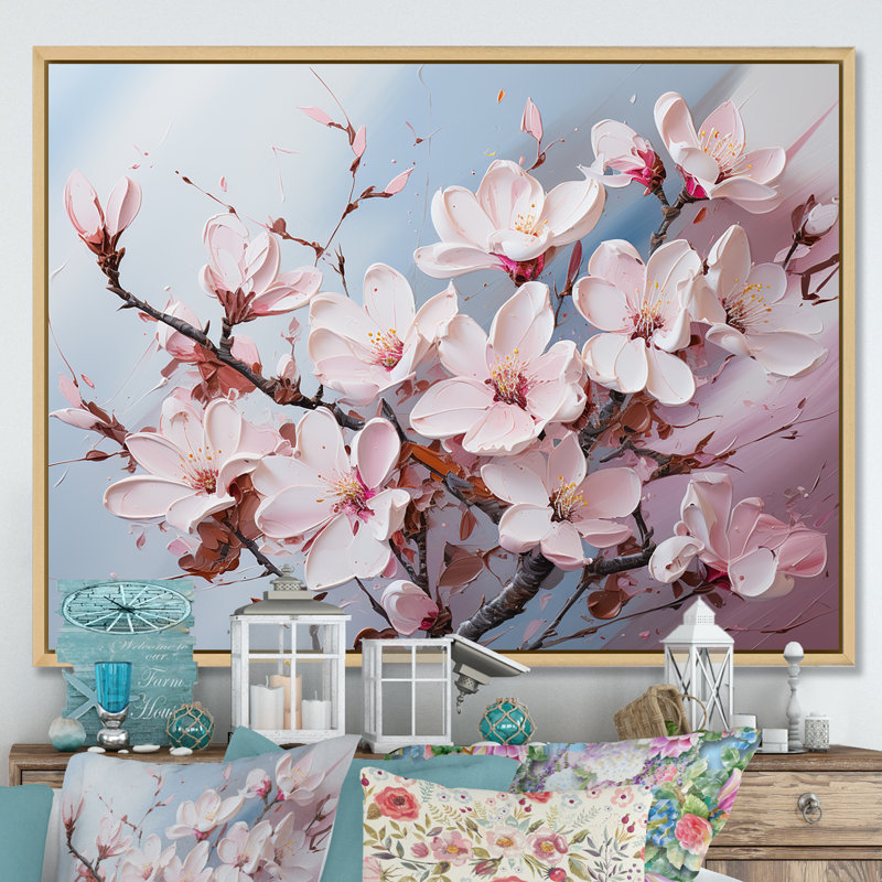 «Pink Magnolias», impression sur toile, Cadre naturel flottant, H 34 po x l 44 po x P 1,5 po