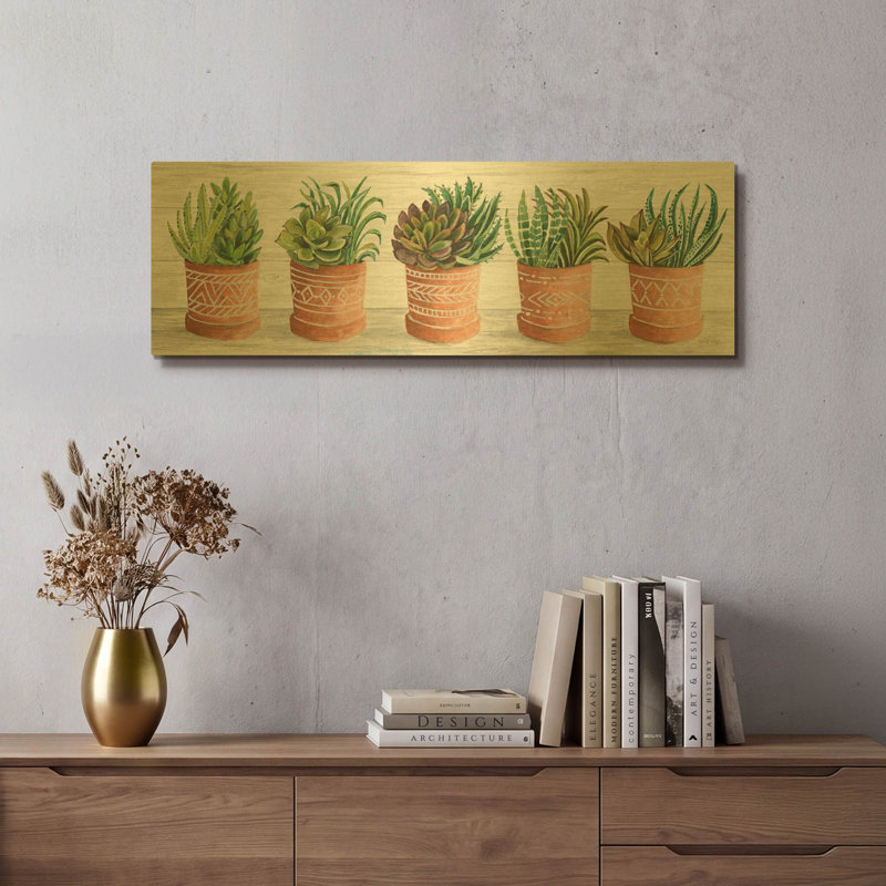 «Terracotta Pots II» par Cindy Jacobs, art mural en métal doré, 36 po x 12 po, 36"x12"