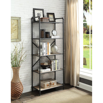 Bibliothèque en chêne antique et gris sableux - Design industriel moderne à structure ouverte avec tubes en métal 5 tablettes en bois pour le rangement et la fabrication de présentoirs 26 "x 14" 63 Décoration de livres en acier de style rustique