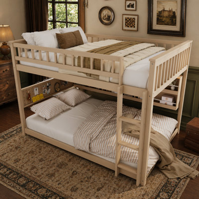 Full over Full Bunk Bed with Integrated Shelving, Color-Changing Lights and Pegboard, Beige