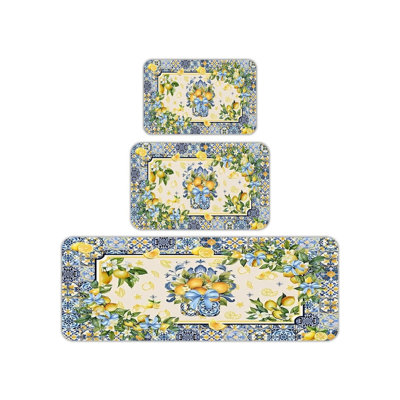 Mediterranean Lemon Print Set Of 3 Kitchen Rug For Kitchen, Patio, Blue Yellow