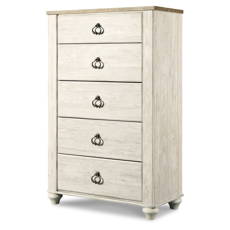 Commode haute Isla, 5 tiroirs, finition bois brun, blanc délavé rustique
