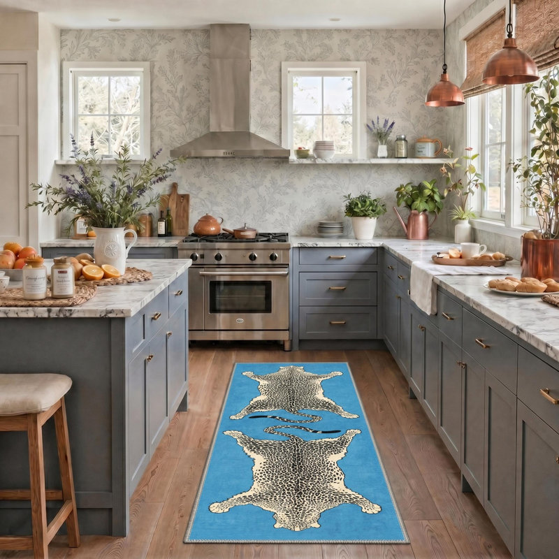  Alinda Talon Animal Print Blue / Beige / Black Machine Washable Area Rug, Runner 2'3" x 6', Blue / Beige / Black