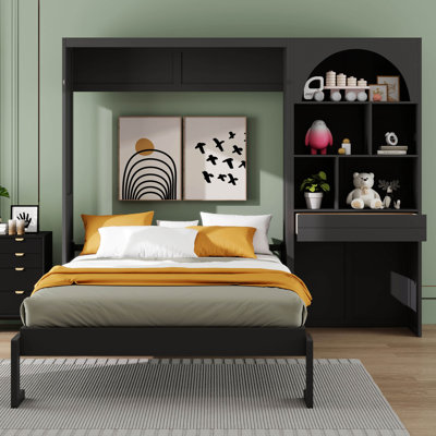 Lit escamotable avec armoire arquée à DEL encastrée, lit escamotable mural, armoire de rangement, tiroir pour chambre à coucher, bureau