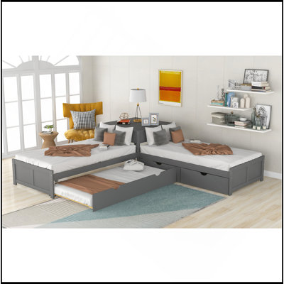 L-Shaped Platform Bed With Trundle And Drawers Linked With Built-In Desk,Twin