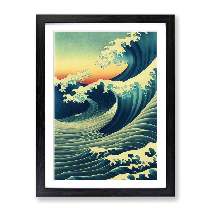 Japanese Wave At Sunset No.5 - Single Picture Frame Print, Black, 64cm H x 46cm W x 2cm D