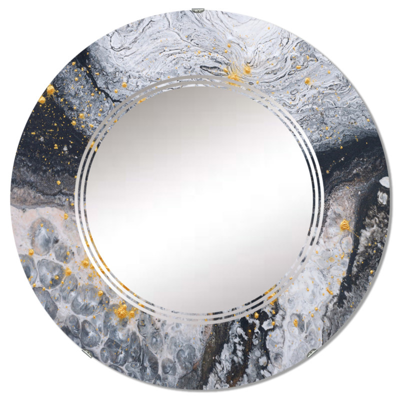 Vagues d'art en marbre noir et or noir - miroir mural moderne rond, 32 po x 32 po