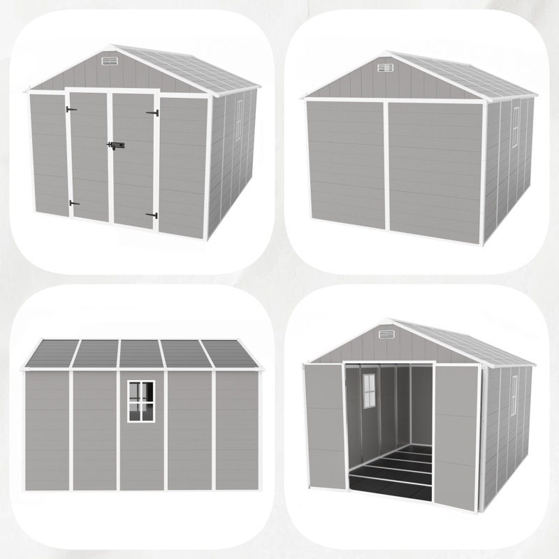 Remise de rangement en résine PP, imperméable, résistante à la rouille et aux rayons UV, panneau en PP de 12 mm d'épaisseur, fenêtre HD, plancher inclus