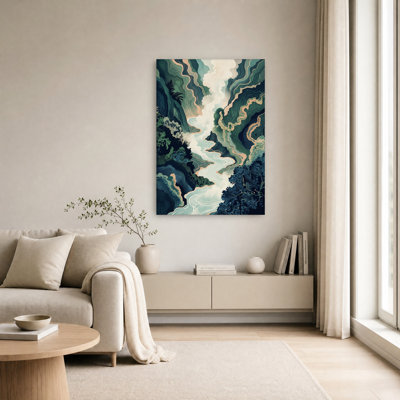Teal and Peach Topographic River Landscape Canvas Wall Art