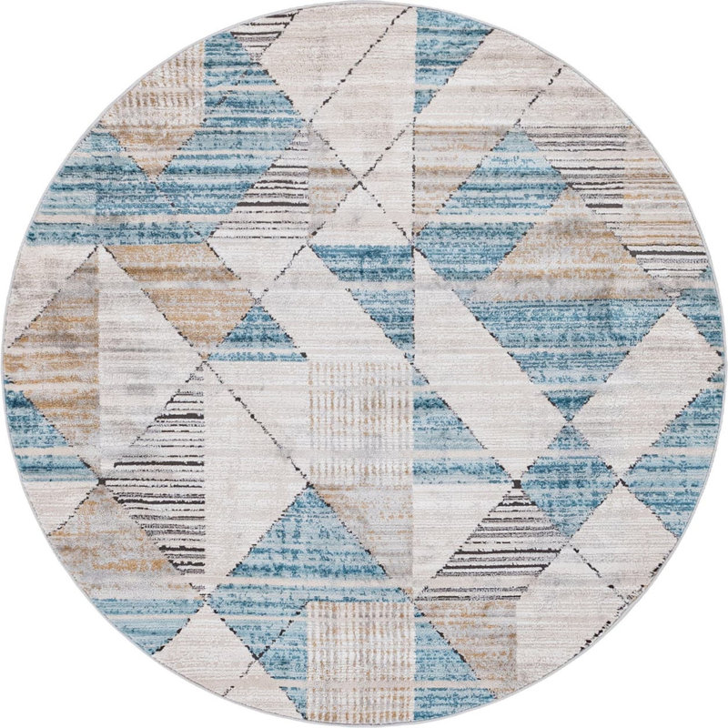  Tapis géométrique beige / bleu, Rond 6 pi 1 po