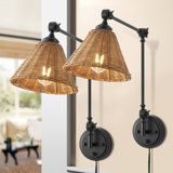 Adjustable Swing Arm Wall Sconce With Rattan Shades, Set Of 2