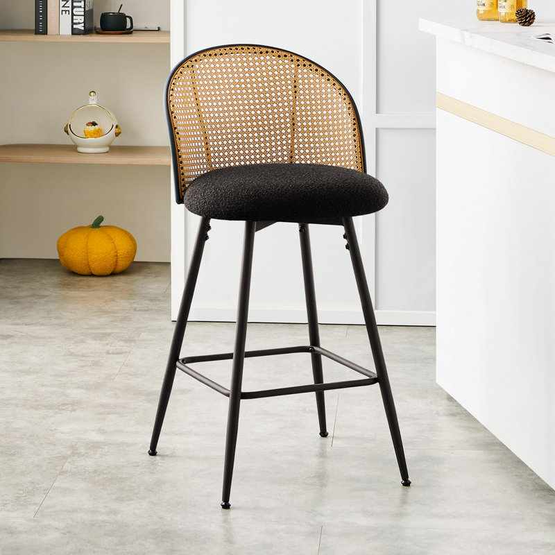 Aansu Swivel Boucle Upholstered Counter & Bar Stool, Black/Boucle, Counter Stool (26" Seat Height), Black/Natural