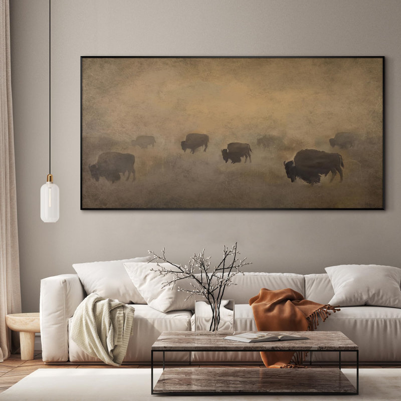Extra Large Wall Art Fabric Print - Buffalo Herd in Hazy Landscape Rustic Western Artwork Decor for Living Room or Bedroom - "Frame Assembly Required (Unfinished Frame)"