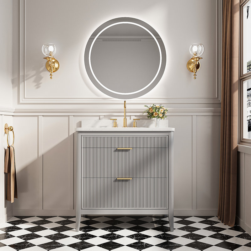 Meuble-lavabo autoportant de 91 cm (35,83 pouces) avec lavabo simple et façades de tiroirs décoratives. Mobilier complet avec comptoir, préassemblé, idéal pour la rénovation de salles de bain de style traditionnel et transitionnel.