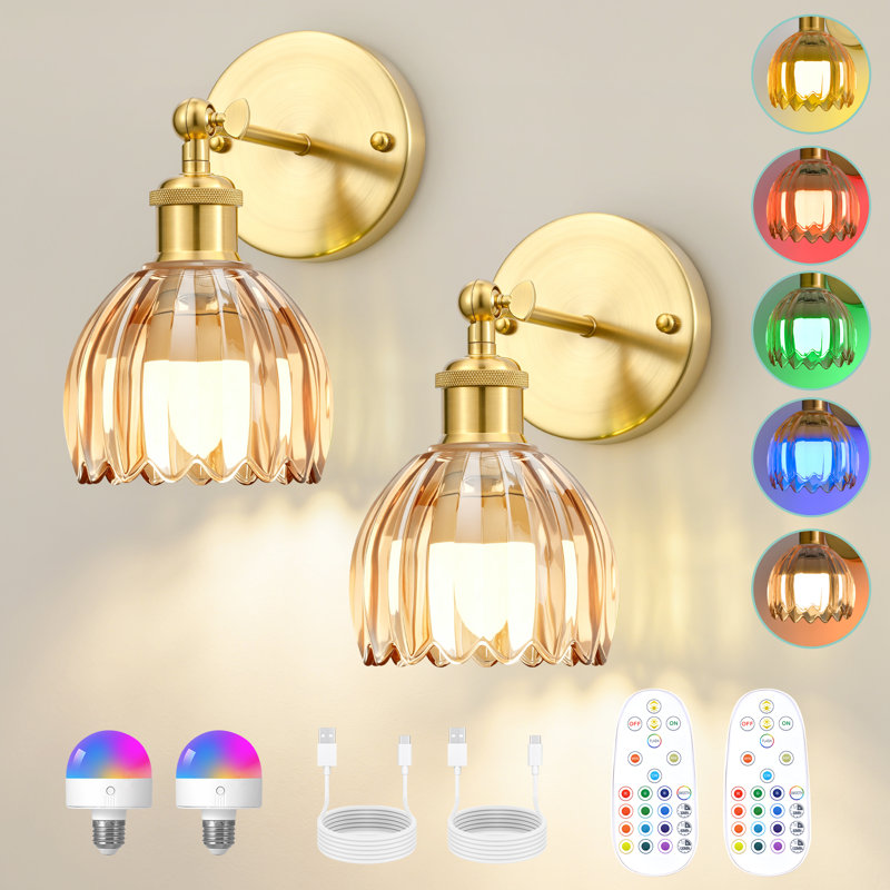 2-Pack LED Wall Sconce With Remote, Wireless Rechargeable Wall Light With Tulip Glass Lampshade, 12 RGB Colors & Dimmable Function (Bulb Included)