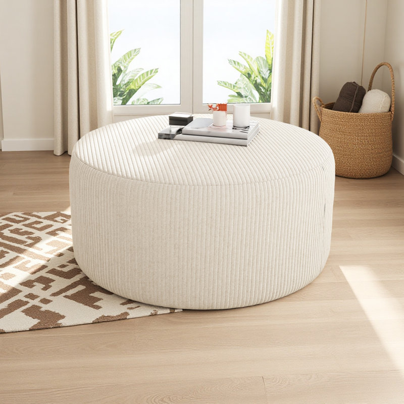 Upholstered Round Ottoman, Beige Corduroy