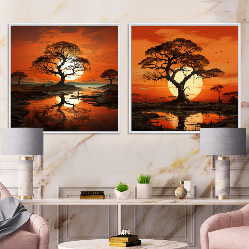 Coucher de soleil silhouettes d'arbre baobab, H 16 po x l 33 po, Cadre flottant blanc