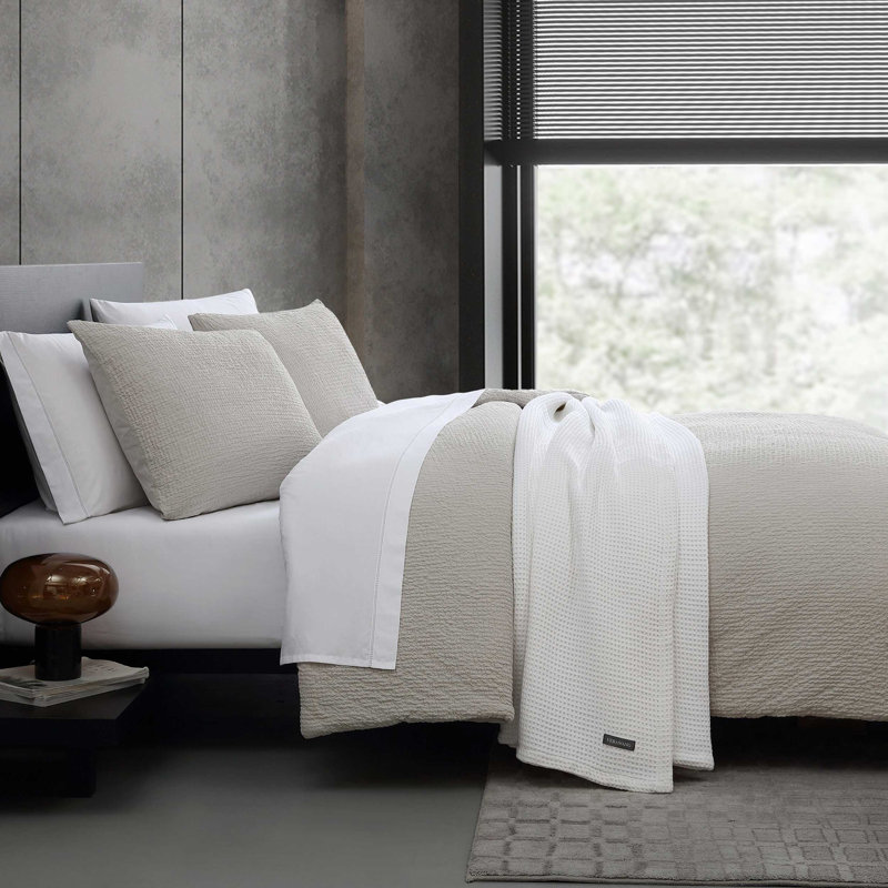Vera Wang Puckered Texture Cotton Gray Duvet Cover Set, King Duvet Cover+ 2 King Pillow Shams