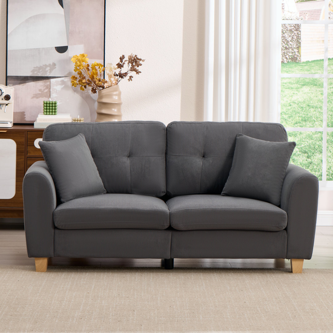2-Seater Corduroy Sofa with 2 Throw Pillows, Deep-Seated Upholstered Couch with Square Arms