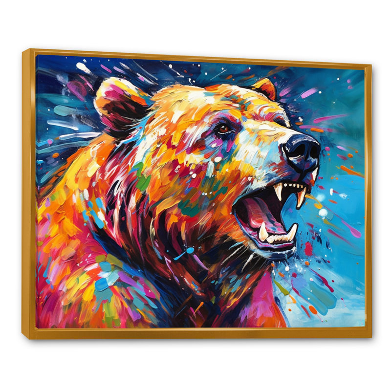 Ours coloré dans la nature - animaux, art mural, salon, H 30 po x l 40 po x P 1,5 po, Cadre flottant doré