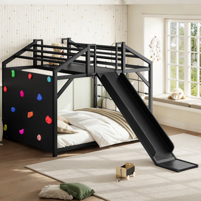 ClimbNest House Shaped Metal Kids Platform Bed Frame with Climbing Wall and Slide