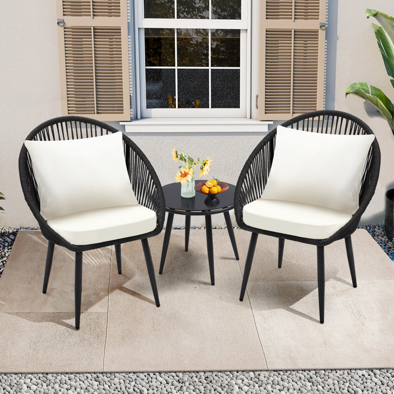 3-Piece All-Weather Woven Rope Bistro Set with Cushions & Side Table – Ideal for Patio, Deck, Balcony, Poolside, Black