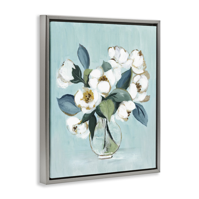 Arrangement Magnolia sur cadre flottant bleu, design par Janet Tava, 31 x 25, Lustre Grey Floater Framed