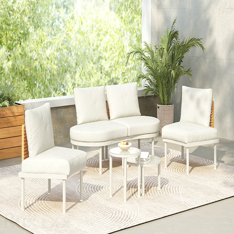 Beige 6-Piece Patio Sofa Furniture Set Half Moon Outdoor Sectional Sofa With 2 High-Low Coffee Tables Pe Wicker Rattan Tempered Glass 4 Pillows & Cushions For Backyard Garden Poolside