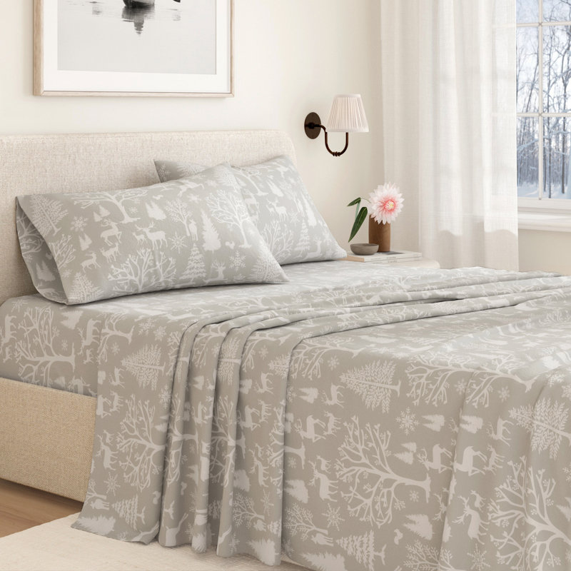100% Turkish Cotton Flannel Christmas Sheet Sets, Enchanted Woods Gray, King with 2 Pillowcases