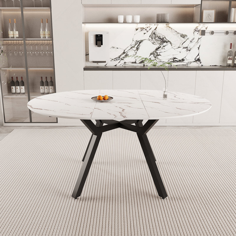 Table de salle à manger circulaire extensible blanche de 47 à 63 po, table de salle à manger pour 4 à 6 personnes, table basse moderne avec plateau en bois aggloméré et pieds en métal, convenant à la cuisine et à la maison
