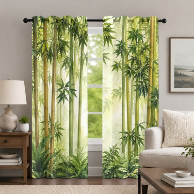 2Pcs Bamboo Forest Curtains, Natural Scenery Theme Curtain, Botanical Fresh Style Printed Art Grommet Drapes, Window Treatment for Bedroom Living Room Home Decor
