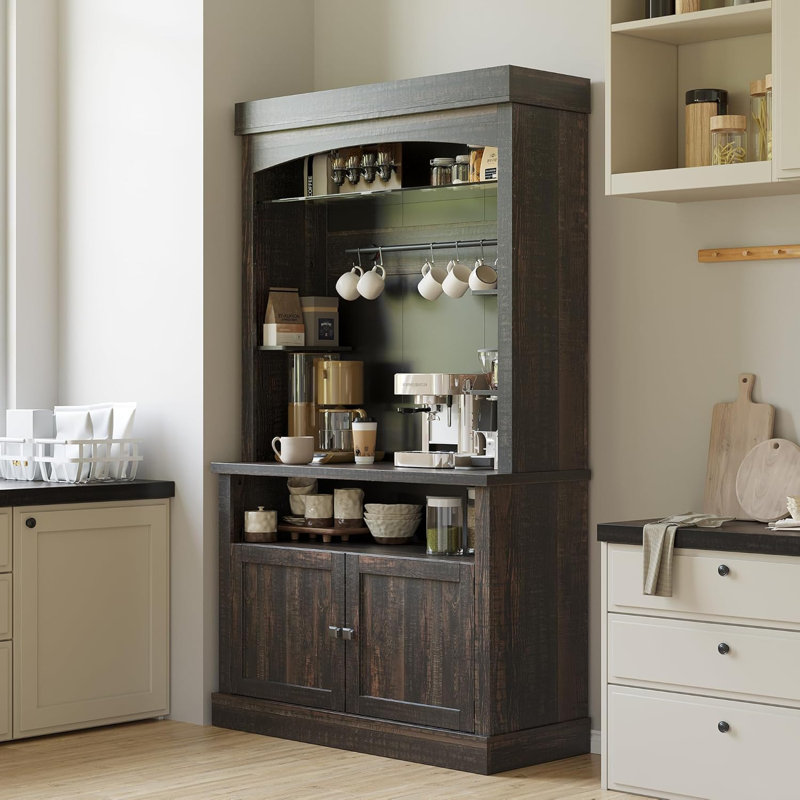72" Tall Farmhouse Coffee Bar Cabinet with LED Lights, Kitchen Pantry Storage Sideboard with Microwave Stand, Adjustable Shelves and Glass Doors