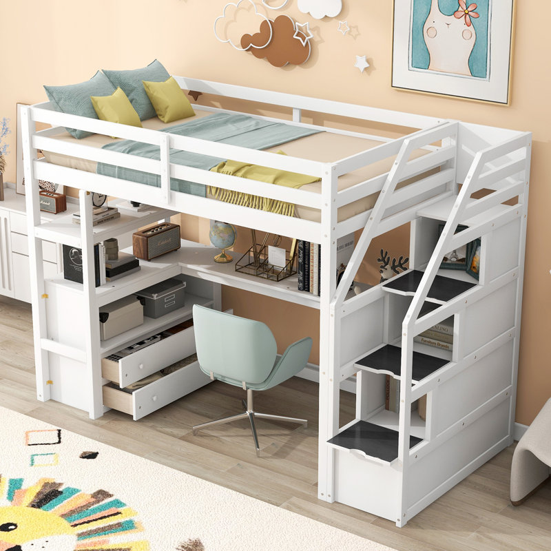Lit mezzanine avec bureau et tablettes, Simple, Blanc