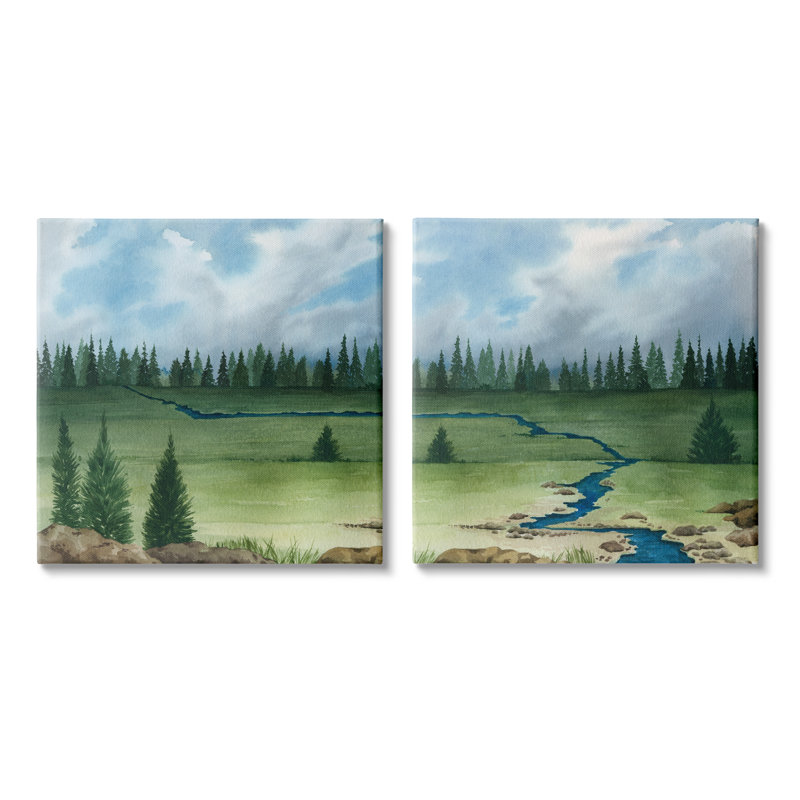 «Distant Stream Trees Nature Landscape» par Grace Popp - peinture 2 pièces, H 24 po x l 48 po x P 1,5 po, Toile tendue