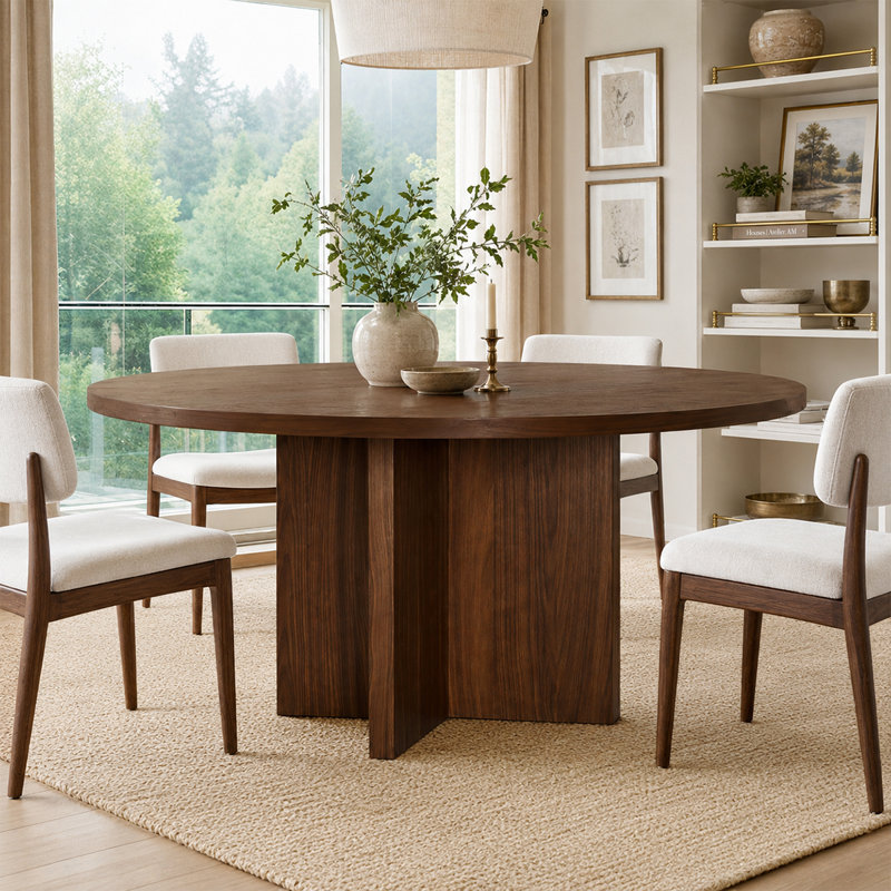 60 Inch White Oak Veneer Round Pedestal Dining Table, Walnut