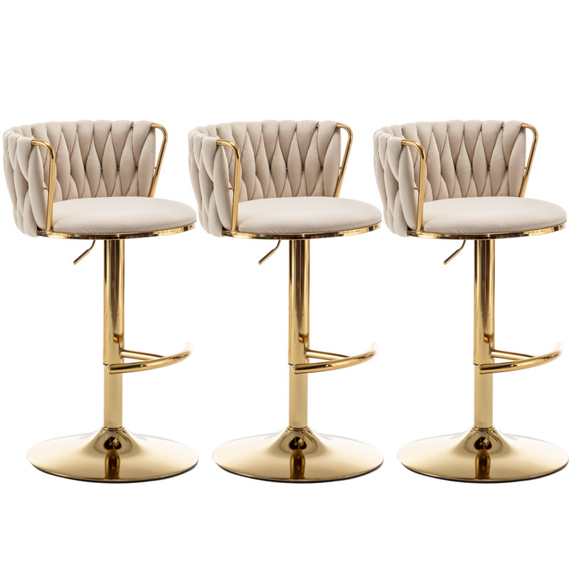 Velvet Bar Stools Set Of 3, Counter Height Bar Chairs With Low Back, Gold Swivel Bar Stools For Kitchen Island, Bar Pub, Gold
