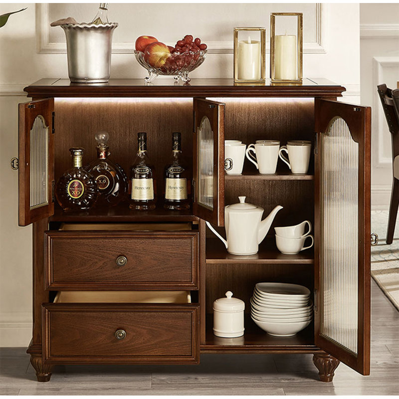 American Style Solid Wood and Glass Accent Cabinet, Dark Brown, 37.4" H x 39.4" W x 17.7" D