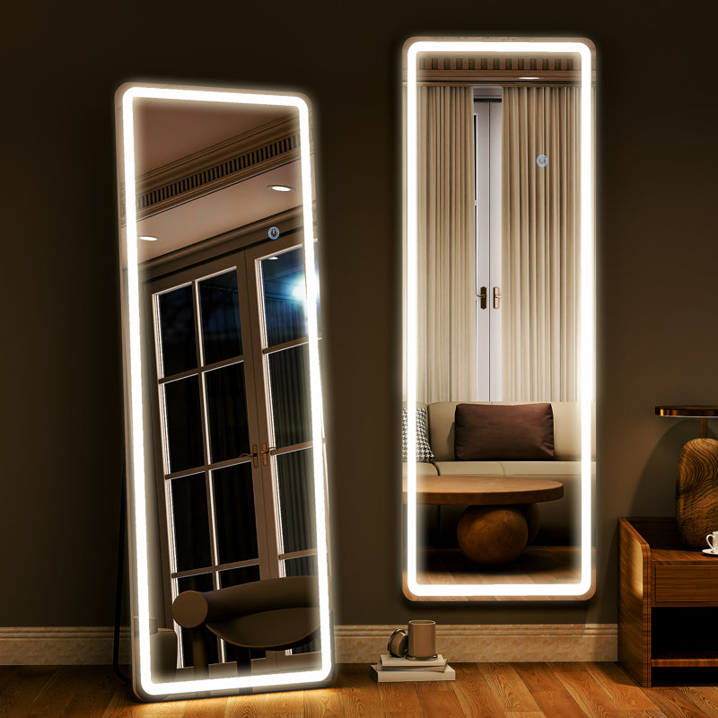 Holroyd Lighted Full Length Mirror with Stand Rectangle LED Wall Mirror, 16" x 60" W x 0.5'' D, White