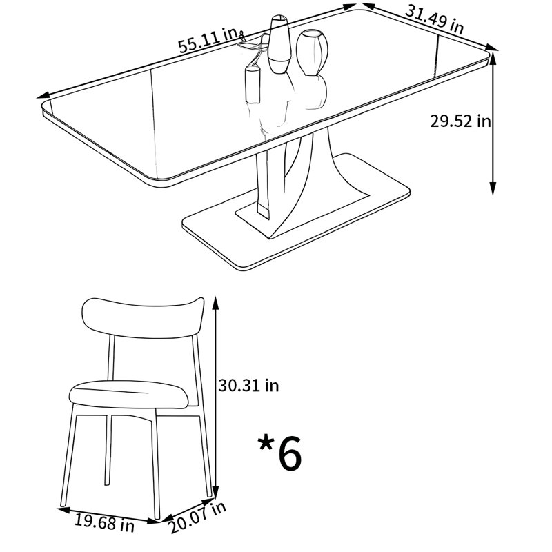 Ensemble de table de salle à manger rectangulaire et chaises, H 29,52 po x L 55,11 po x l 31,49 po