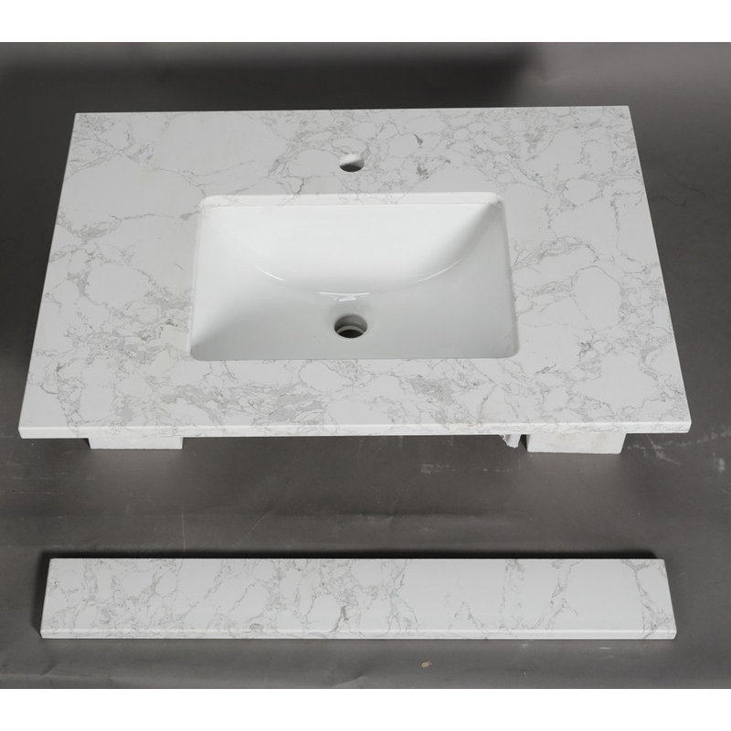 Plan de toilette simple en quartz de 79 cm (L) x 56 cm (P) avec lavabo encastré en céramique et dosseret de 10 cm.