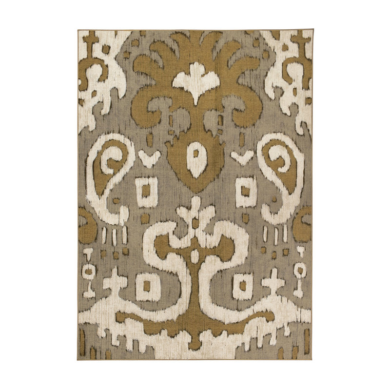Ochre Ikat Grey/Gold Performance Flatweave Washable Oriental Indoor / Outdoor Rug, Rectangle 5' x 7'